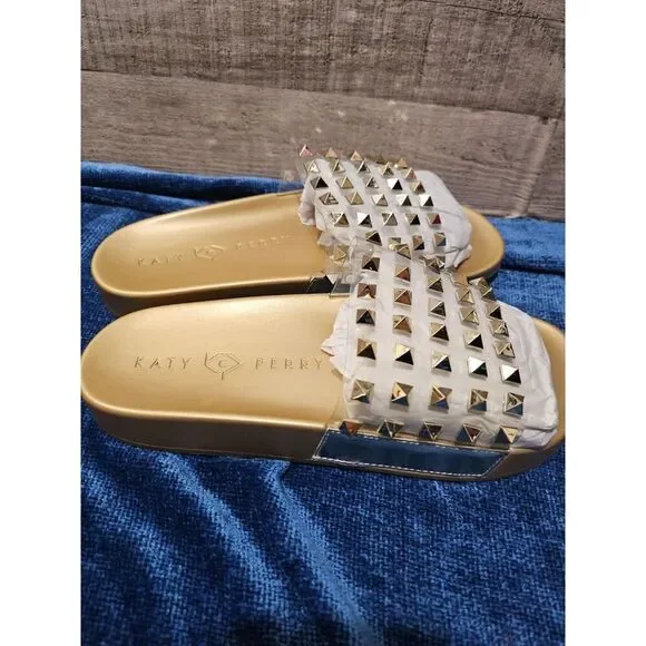Katy Perry Gold Stud Clear Slides Slippers Women 6 36 - Picture 3 of 4